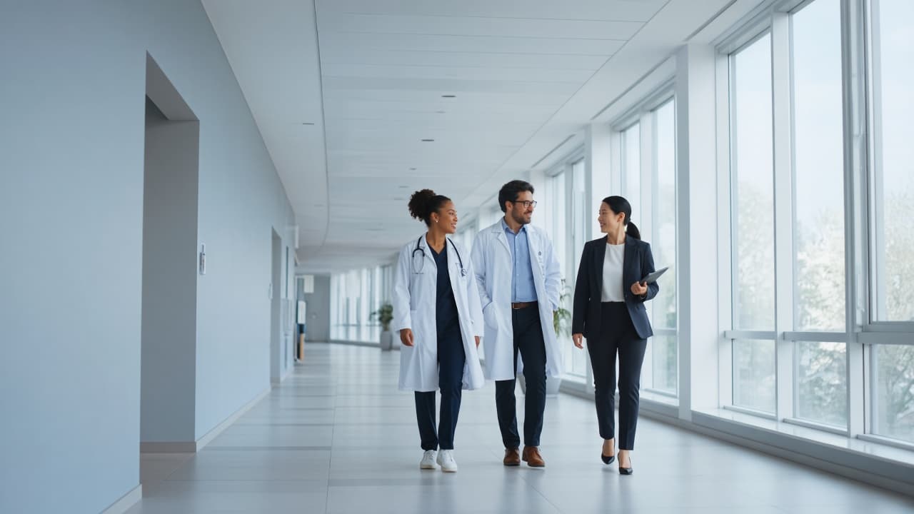 A care team walking through a hospital corridor