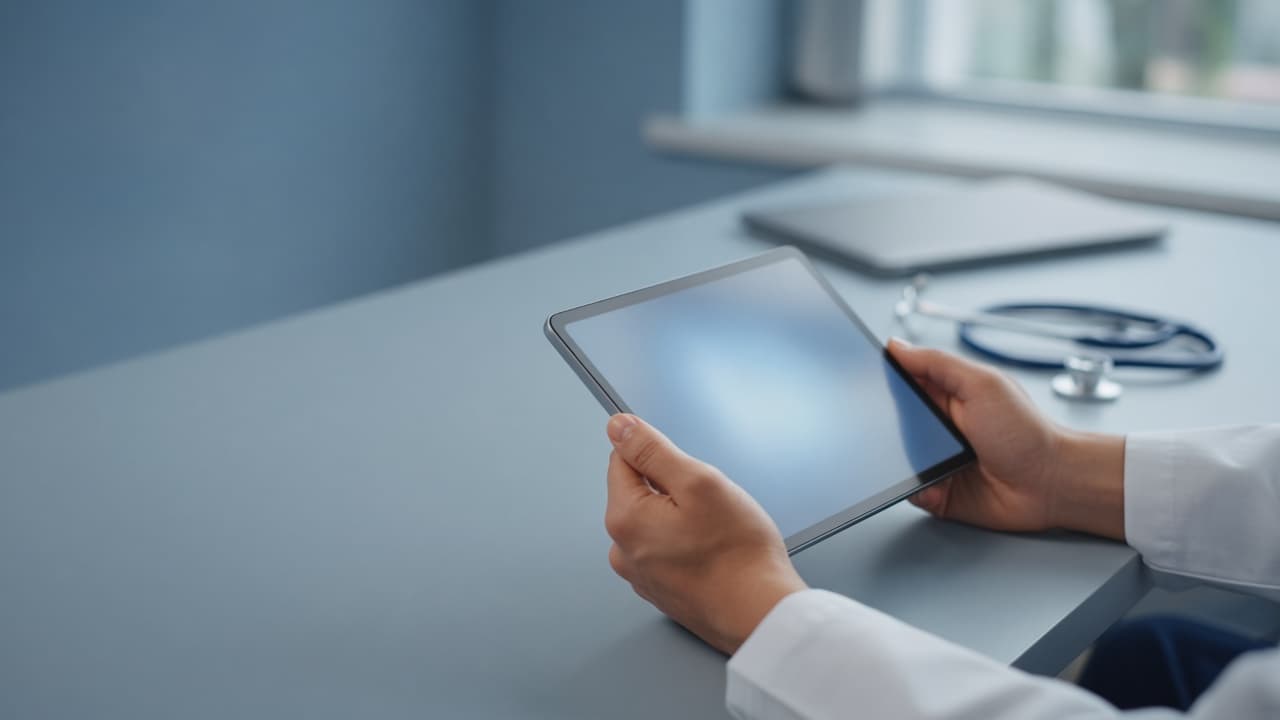 Clinician holding a tablet at a desk